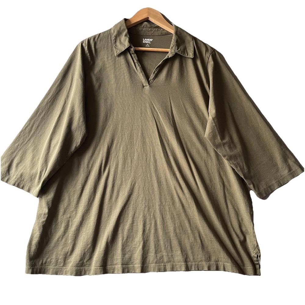Lands' End Polo Top Womens 2X Green Casual 3/4 Sleeve Earthy Preppy Minimalist